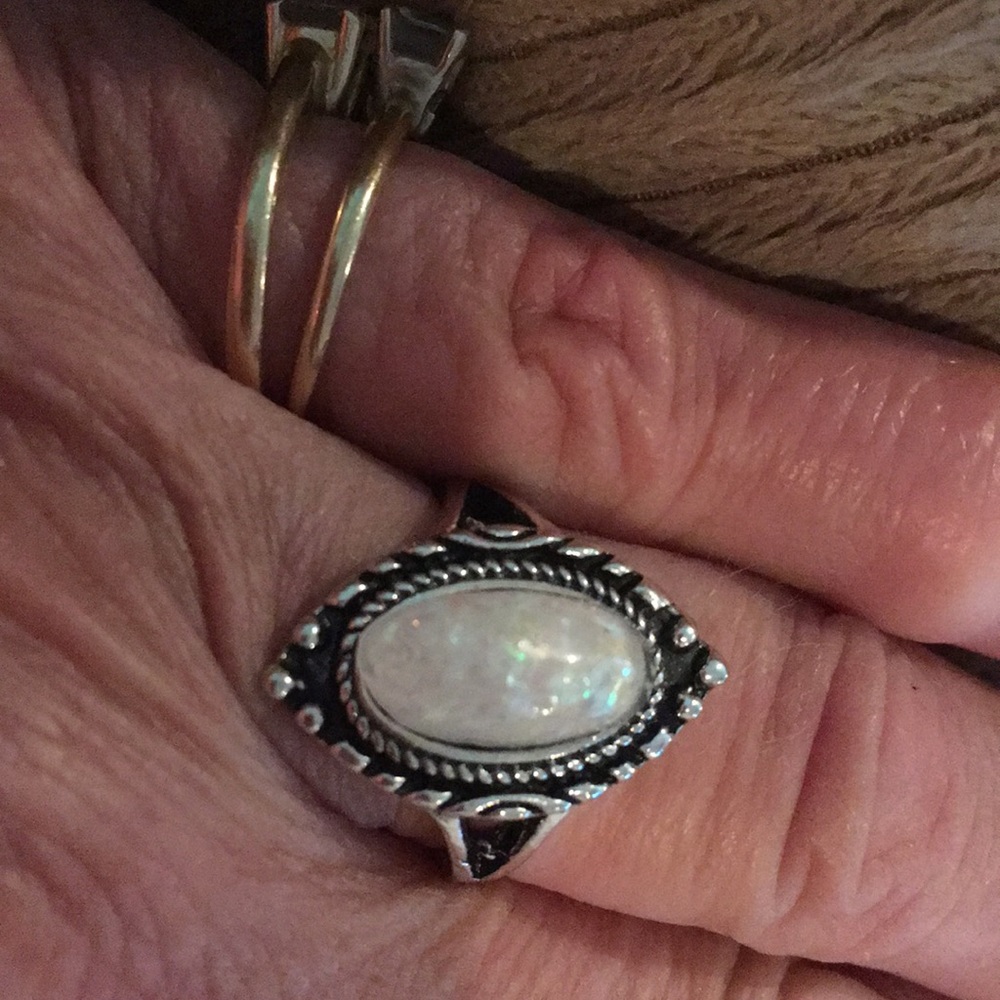 Boho Silver Tone Opal ( Faux) Ring
